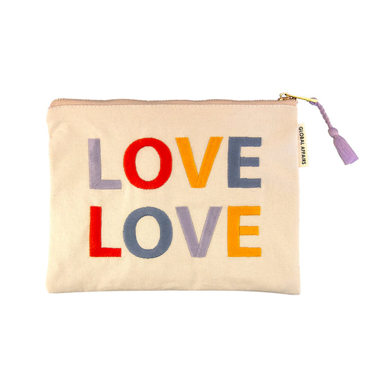 White pouch, with colourful embroidery and a lilac tassel. Love