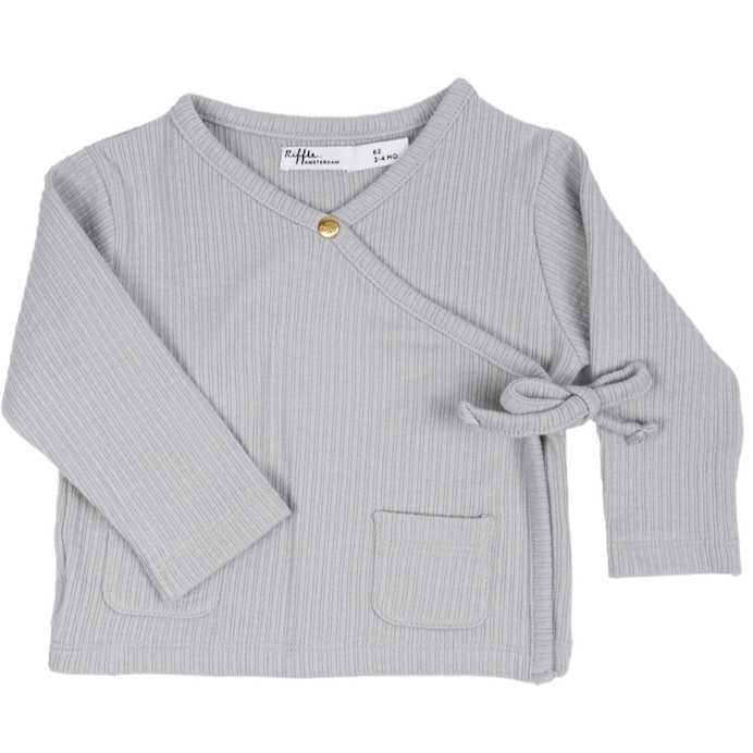 This picture shows a baby cardigan with a kimono fastening in a light grey colour. 