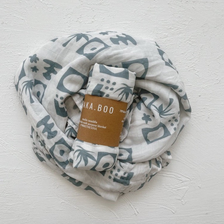 This picture shows the Bamboo/cotton Swaddle wrap with a indigo blue abstract print.