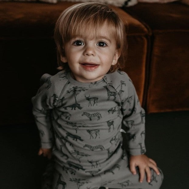This picture shows an Organic Toddler Pyjamas in Grey with a sari animal print.