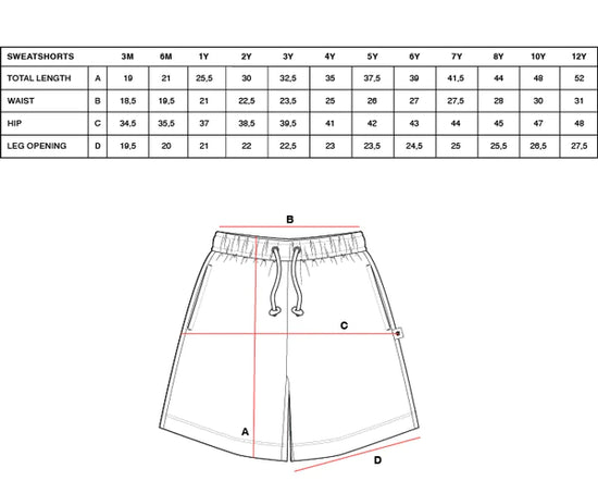 Size chart for the Maed for mini Organic cotton Sweat short