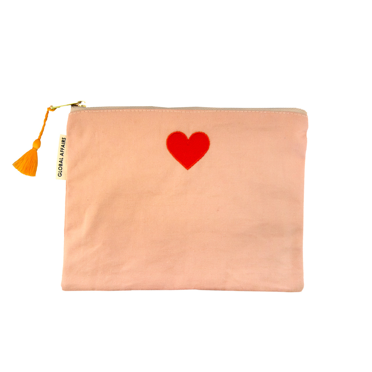 Pink pouch, with colourful embroidery and a tassel. Love