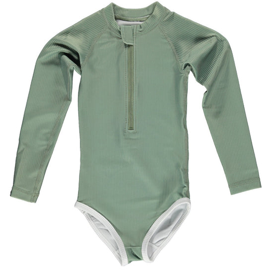 This picture shows a ribbed basil green, UPF50+ long sleeve swimsuit