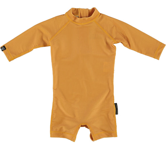 This picture shows  the ribbed golden, UPF50+ baby swimsuit
