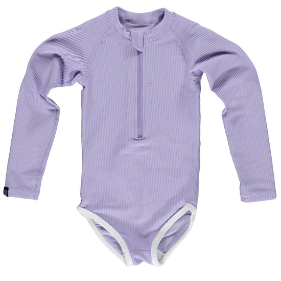 This picture shows a UPF50  Longsleeve swimsuit for girls in a beautiful soft lavender colour. 