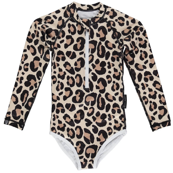 This picture shows a UPF50 Longsleeve swimsuit for girls in a beautiful leopard print