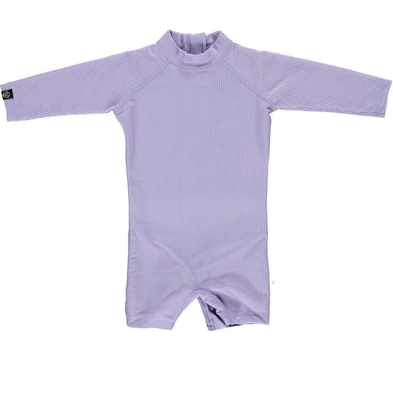 This picture shows  the ribbed lavender, UPF50+ baby swimsuit