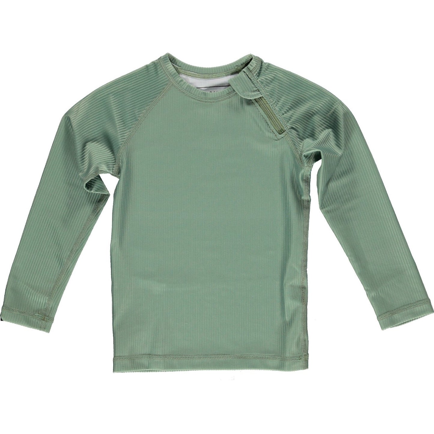 This picture shows  a ribbed basil green, UPF50+ long sleeve rashie