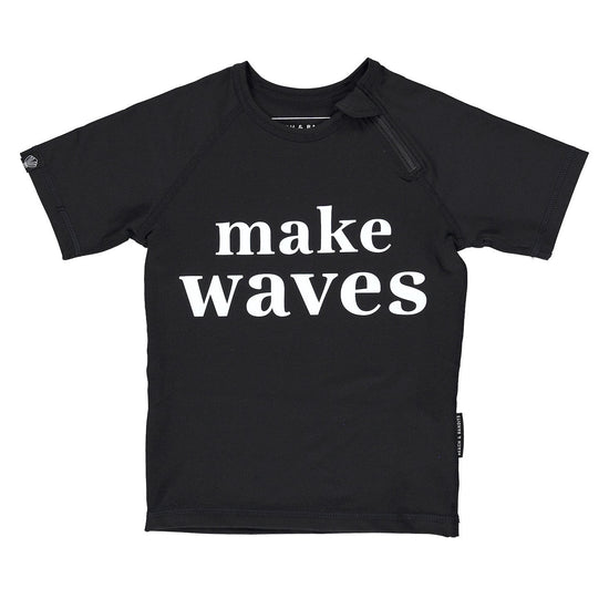 This picture shows the make waves print, UPF50+ short sleeve rashie