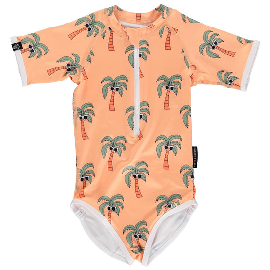 This picture shows the Palm Breeze print, UPF50+ short sleeve swimsuit