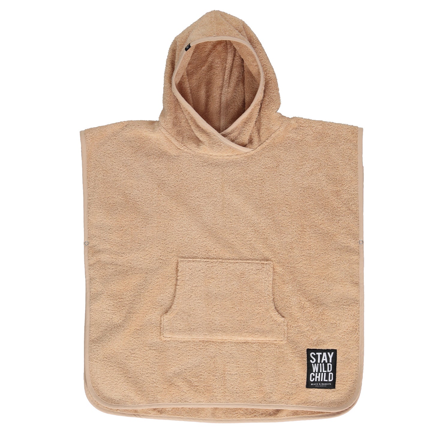 This picture shows a beach poncho made out of 100% organic cotton in the colour sand