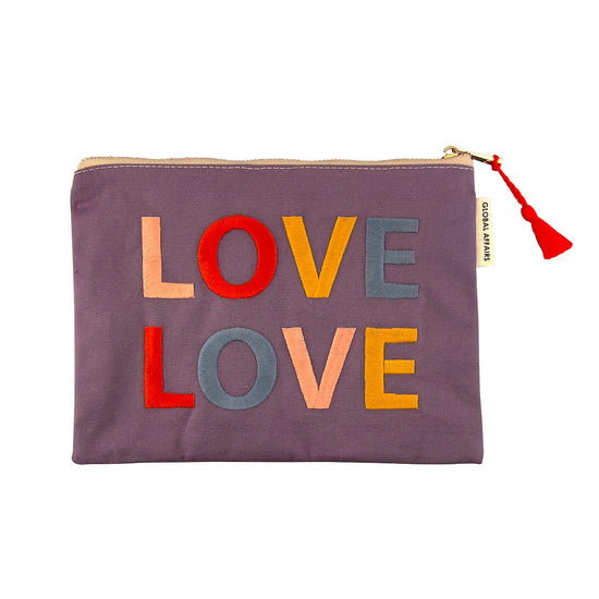 Purple pouch, with colourful embroidery and a tassel. Love