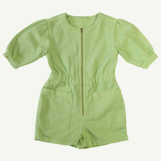 This picture shows a girls jumpsuit in lime green. With puffy mid-length sleeves and a zip closure at the front. 