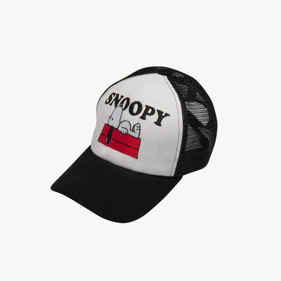 This picture shows a black truckers kids cap with a Snoopy print on the front. 