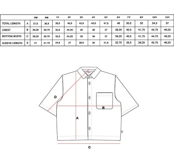 this picture shows a size chart for the Maed for mini Hawaii shirt
