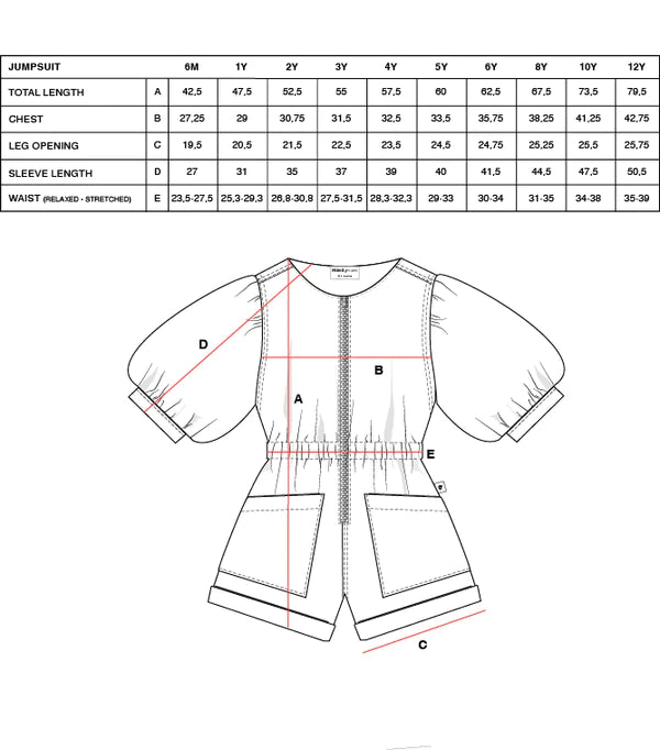 This picture shows a size chart for the maed for mini lime jumpsuit