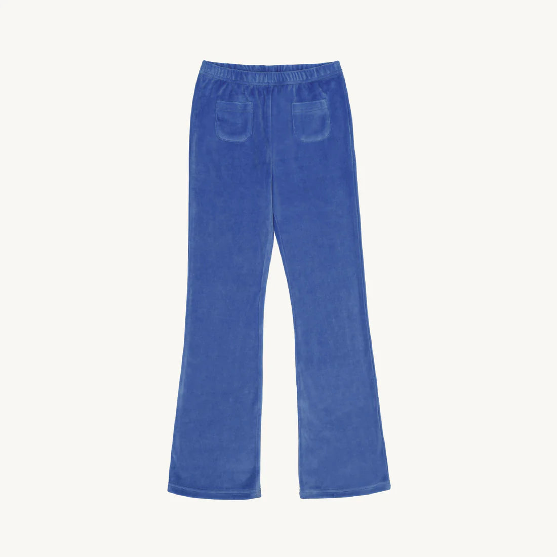 This picture shows a pair of bright blue velour flared pants for kids. Amazing fit