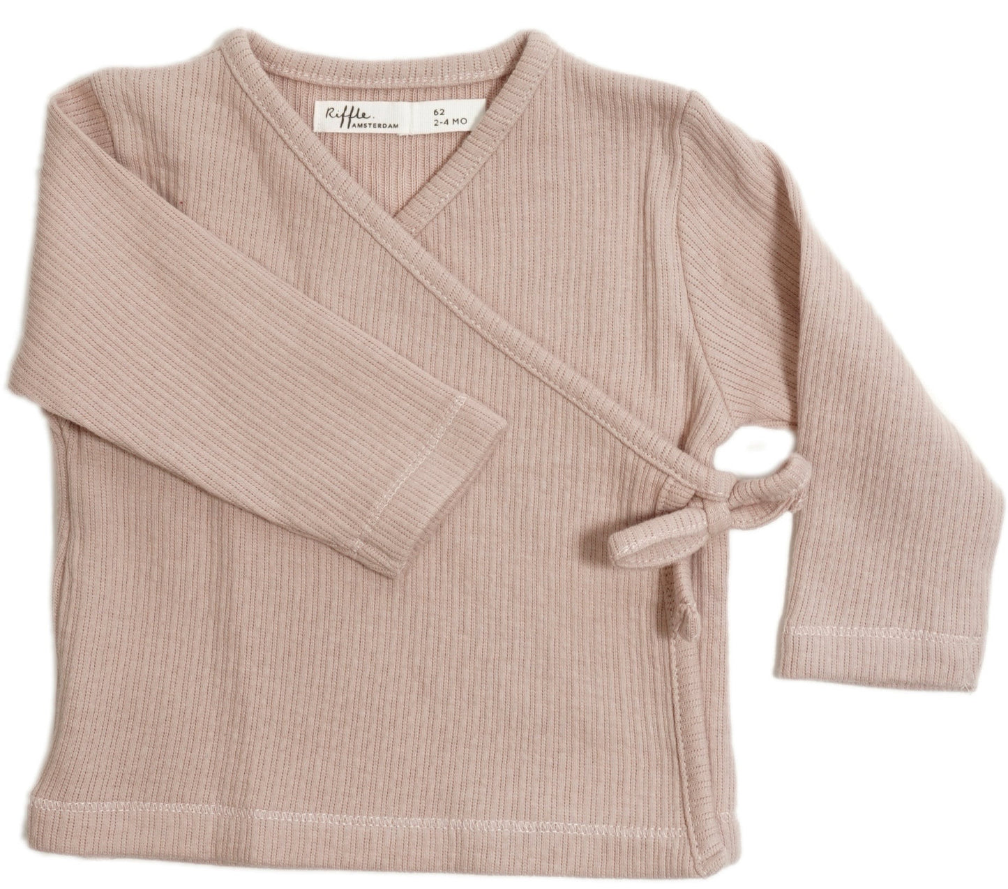 This picture show a organic cotton soft pink baby cardigan with a kimono fastening