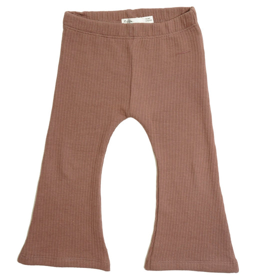 This picture shows th flared pants in the colour nuts made out of 100% gots organic rib cotton