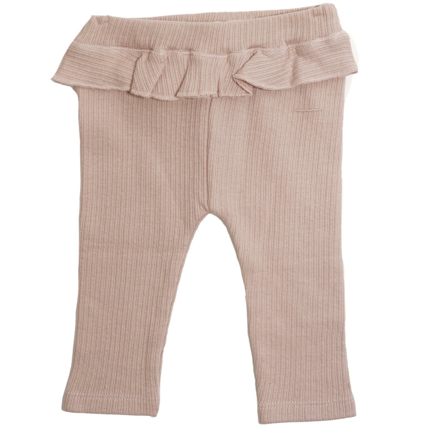This picture shows a pair of soft pink leggings with a ruffle at the top. made out of 100% gots organic cotton