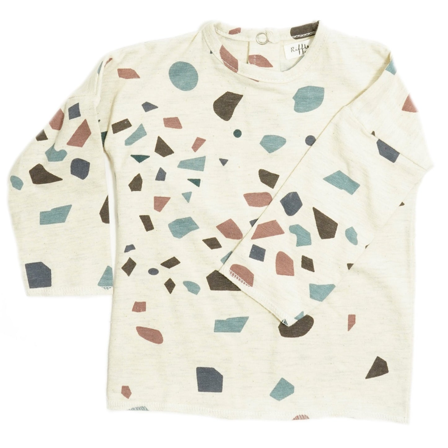 This picture shows a off white long sleeve top for kids with a colourful stone print. Made from 100% gots organic cotton