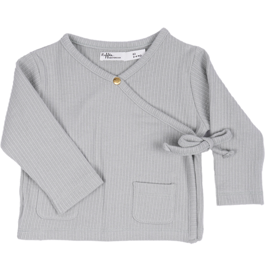 This picture shows a baby cardigan with a kimono fastening in a light grey colour. 