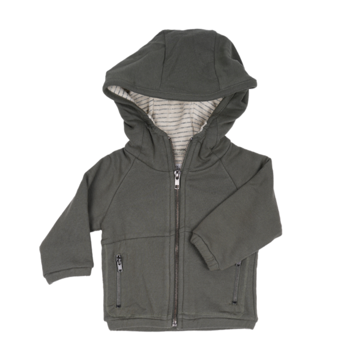 This picture shows an olive green hooded kids sweater with zipper in the front. Two side pockets with zip in the front. Available until 5 years old