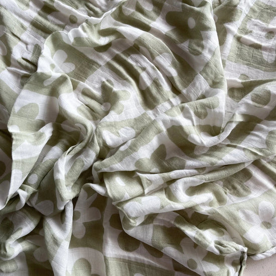 This picture shows the Bamboo/cotton Swaddle wrap with a sage  soli print of checks and flowers