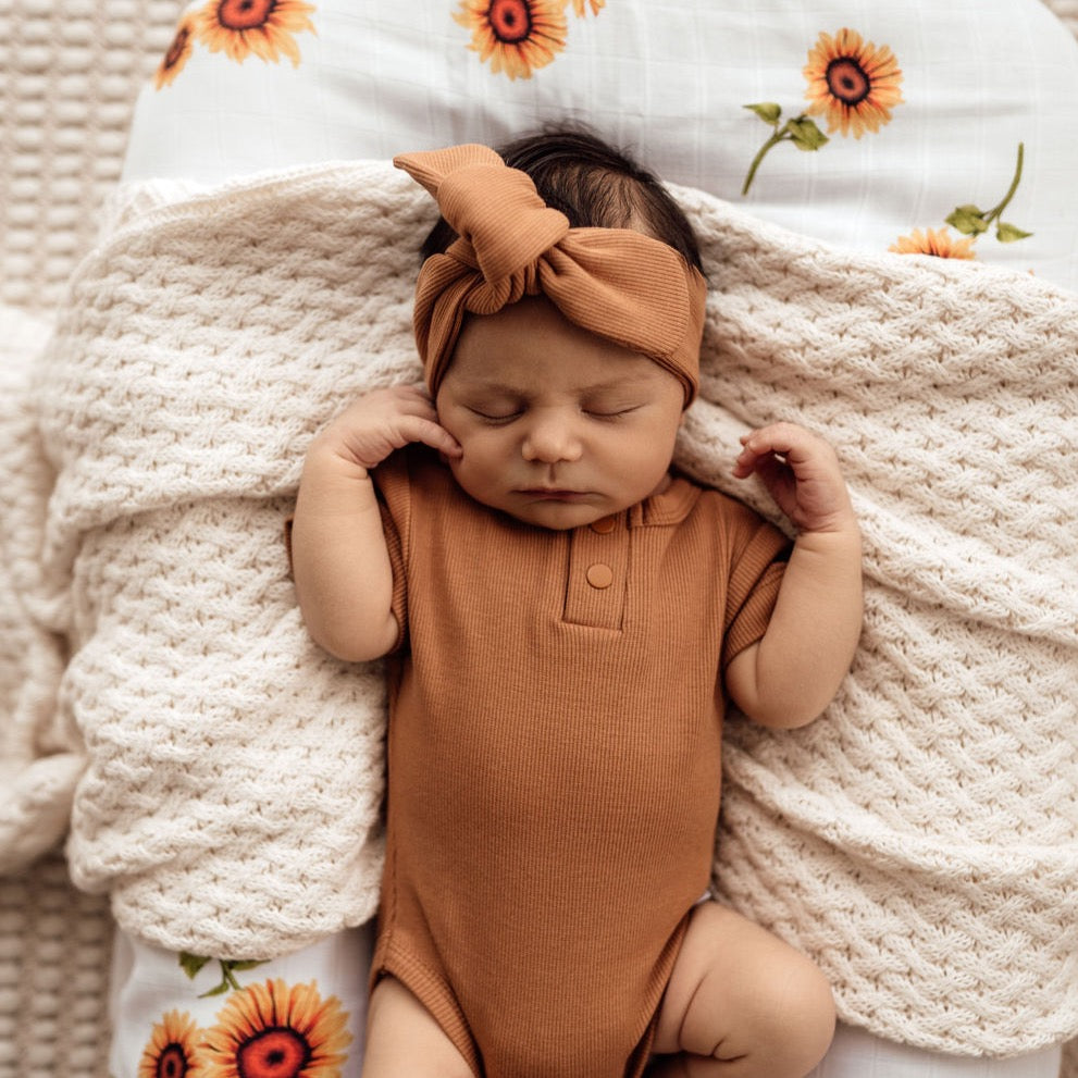 Organic Ribbed Top Knot suitable from newborn up till 4 years - Chestnut