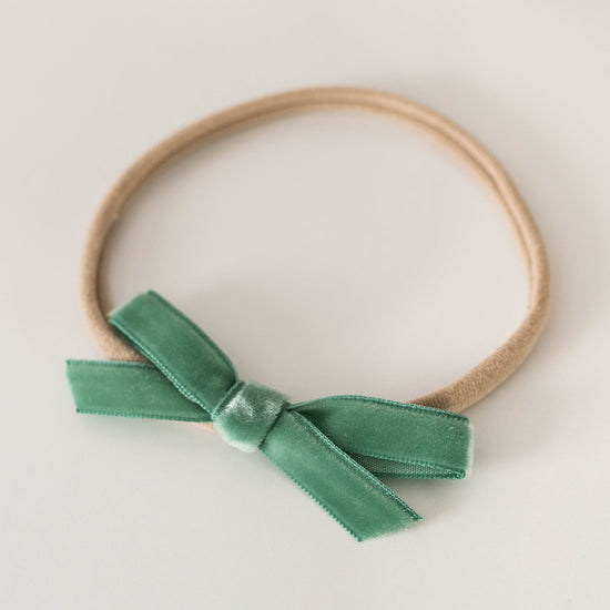 petit velvet bow headband - olive green 