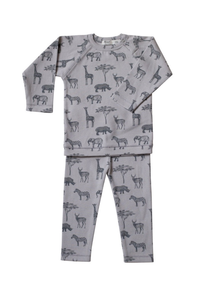 This picture shows an Organic Toddler Pyjamas in Grey with a sari animal print.  