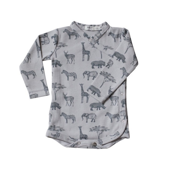 This picture shows a baby kimono romper in Grey with a cute dark grey print of animals like giraffes, zebras, elephants
