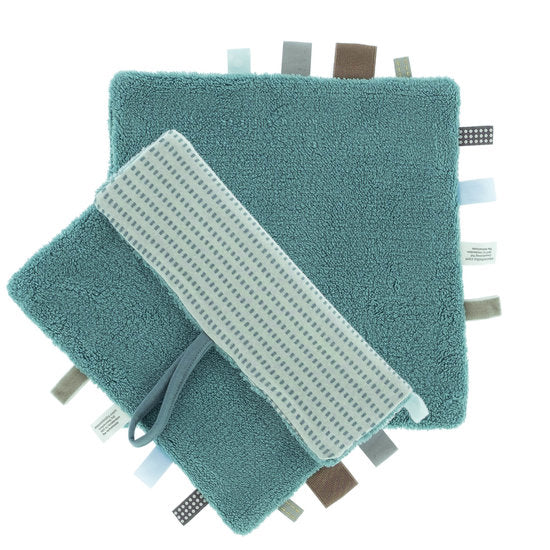 Load image into Gallery viewer, Organic Comfort Cloth with sensory tags Smokey green 
