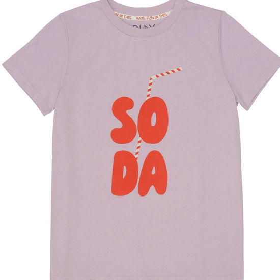 This picture shows a gorgeous lavender cotton tee for kids with Bold red letters on the front. 