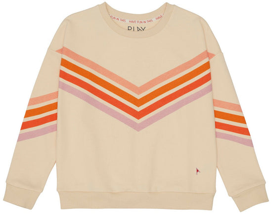 This picture shows an off shoulder crew neck unisex kids sweat in a beige colour with red lines on the front. 